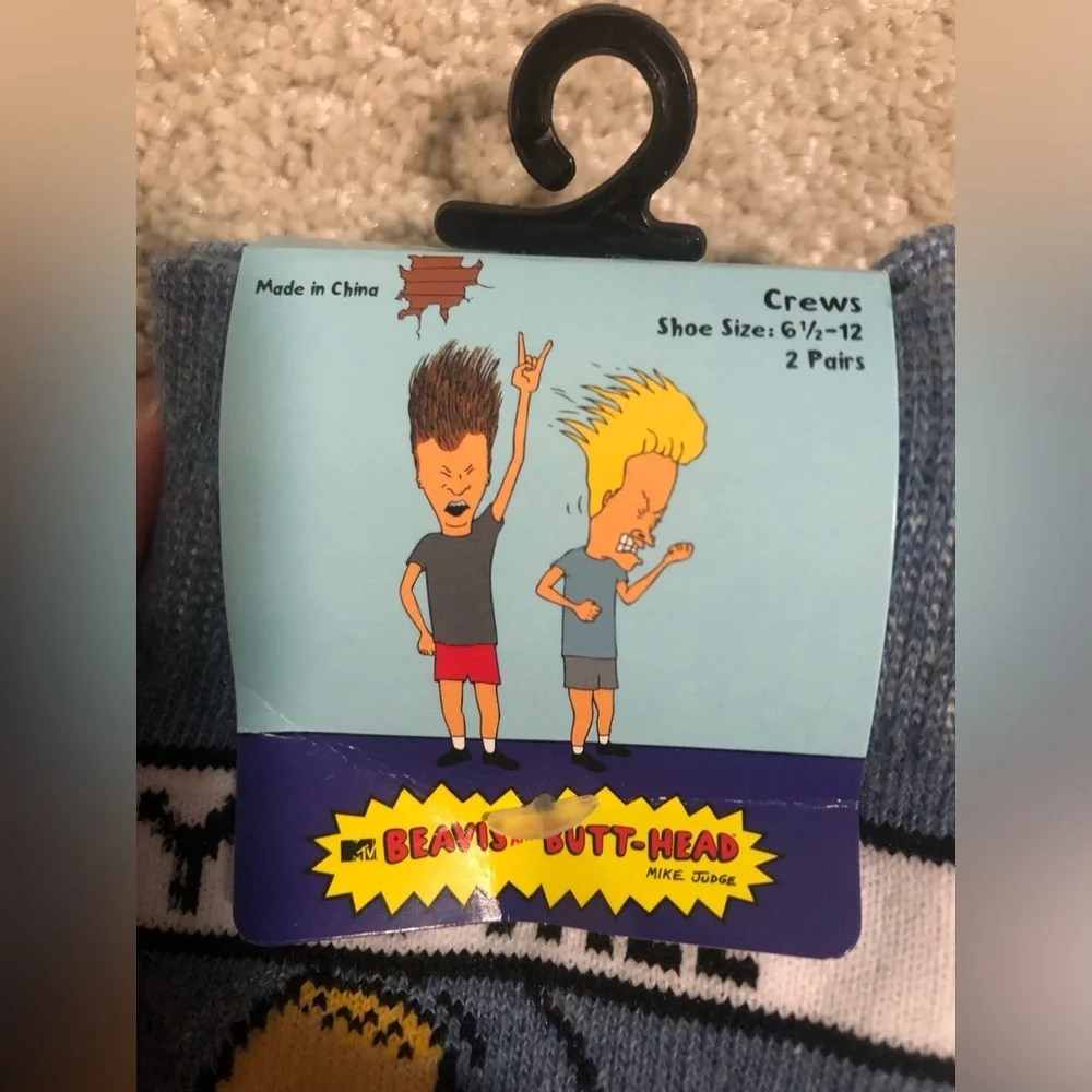NWT 2 pack Beavis and Butt-head Men’s Crew Socks Sz 6-1/2 - 12
